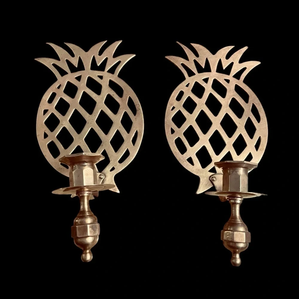 Vintage Brass Pineapple Wall Sconces Pair Taper Candlestick Holders 11.5” Decor